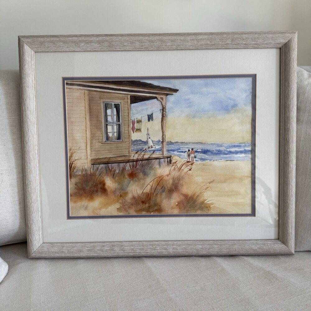 Edith Patterson Original Watercolor Painting Beach House Sailboat Grass Ocean